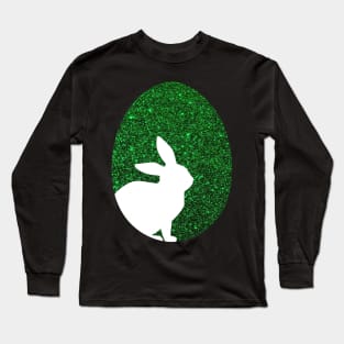 Easter Bunny Silhouette in Green Faux Glitter Easter Egg Long Sleeve T-Shirt